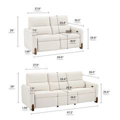Dimension graphic comparing two-seat and three-seat white upholstered sofas with labeled parts.