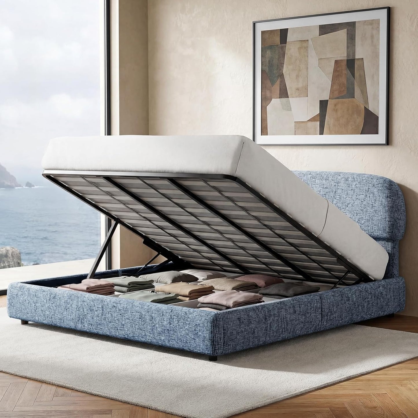 Dione 4-Piece Queen Storage Bedroom Set: Lift-Up Bed, 2 Nightstands & Bench, Harbor Depth Blue