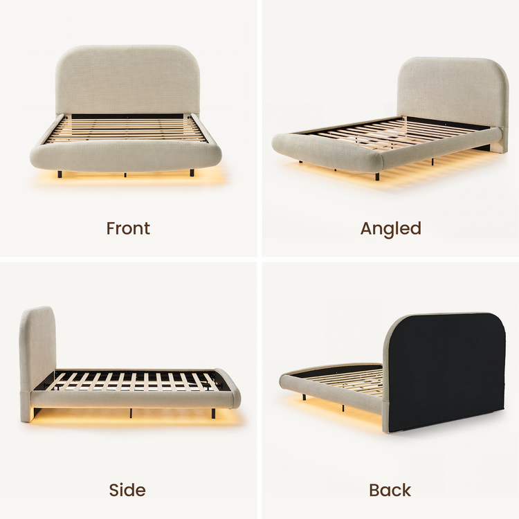 Queen Upholstered Bed Frame - Grey Floating Design with LED Lights & Curved Padded Headboard