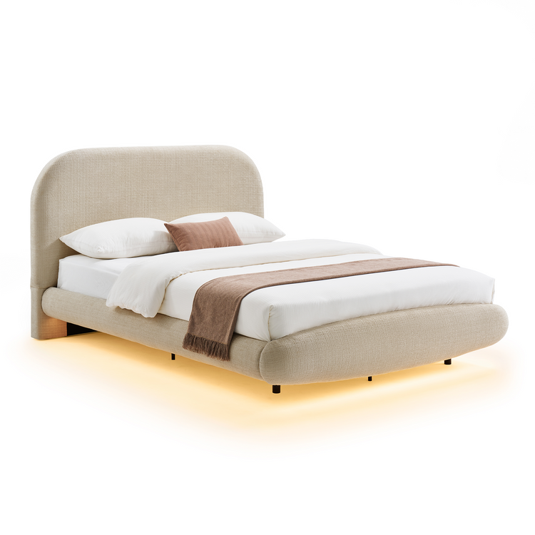 Queen Upholstered Bed Frame - Grey Floating Design with LED Lights & Curved Padded Headboard