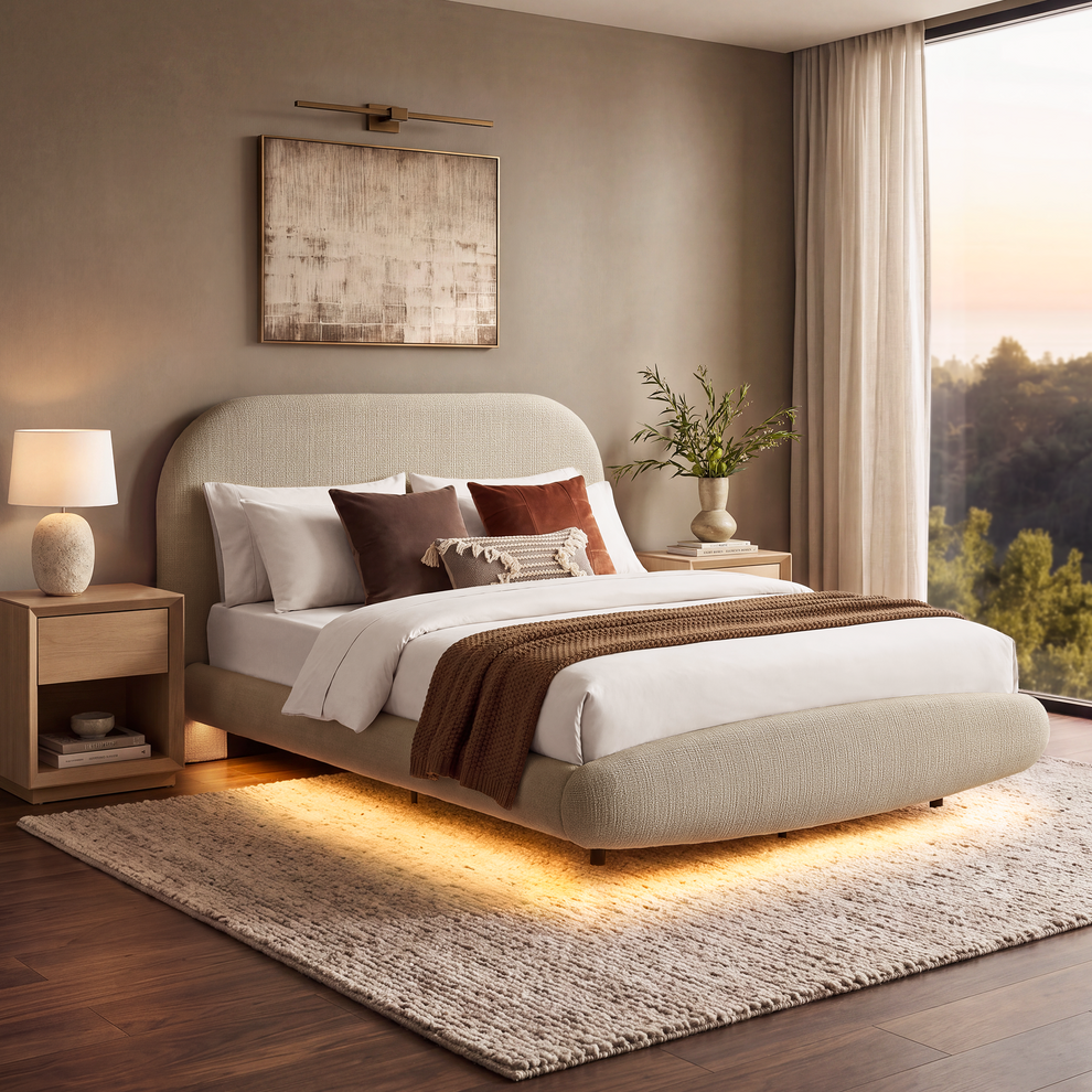 Queen Upholstered Bed Frame - Grey Floating Design with LED Lights & Curved Padded Headboard