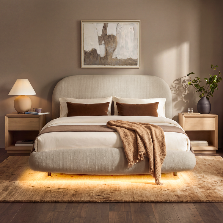 Queen Upholstered Bed Frame - Grey Floating Design with LED Lights & Curved Padded Headboard
