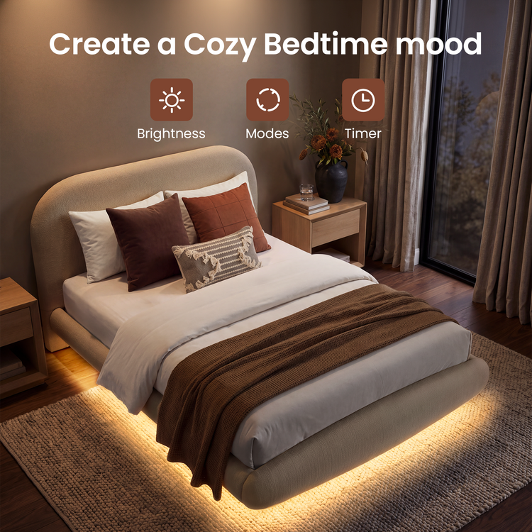 Queen Upholstered Bed Frame - Grey Floating Design with LED Lights & Curved Padded Headboard