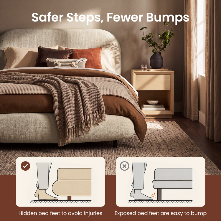 Queen Upholstered Bed Frame - Grey Floating Design with LED Lights & Curved Padded Headboard