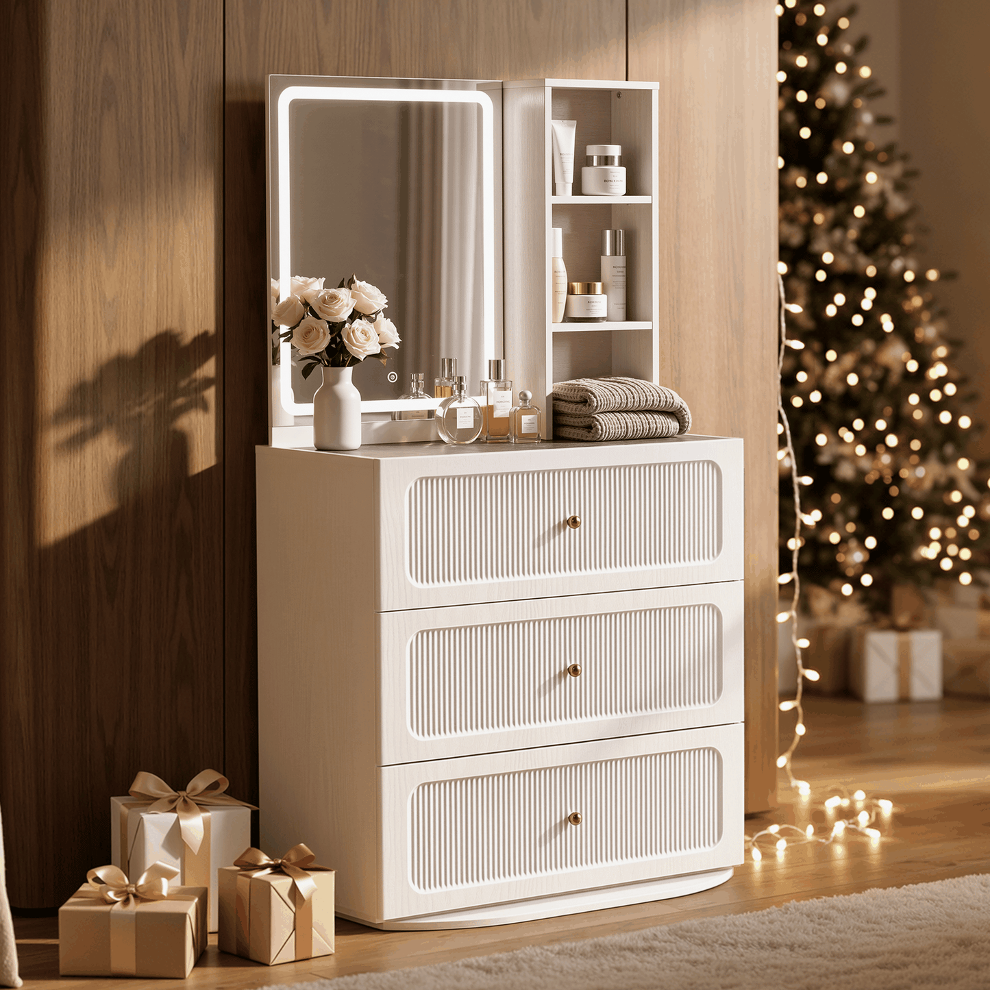 FlexMod 31.5" Modular Fluted 3-Drawer Vanity Dresser with 3-Color LED Mirror & Side Shelves