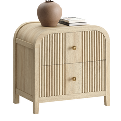 Light wood cabinet has two fluted drawers and square gold-tone knobs