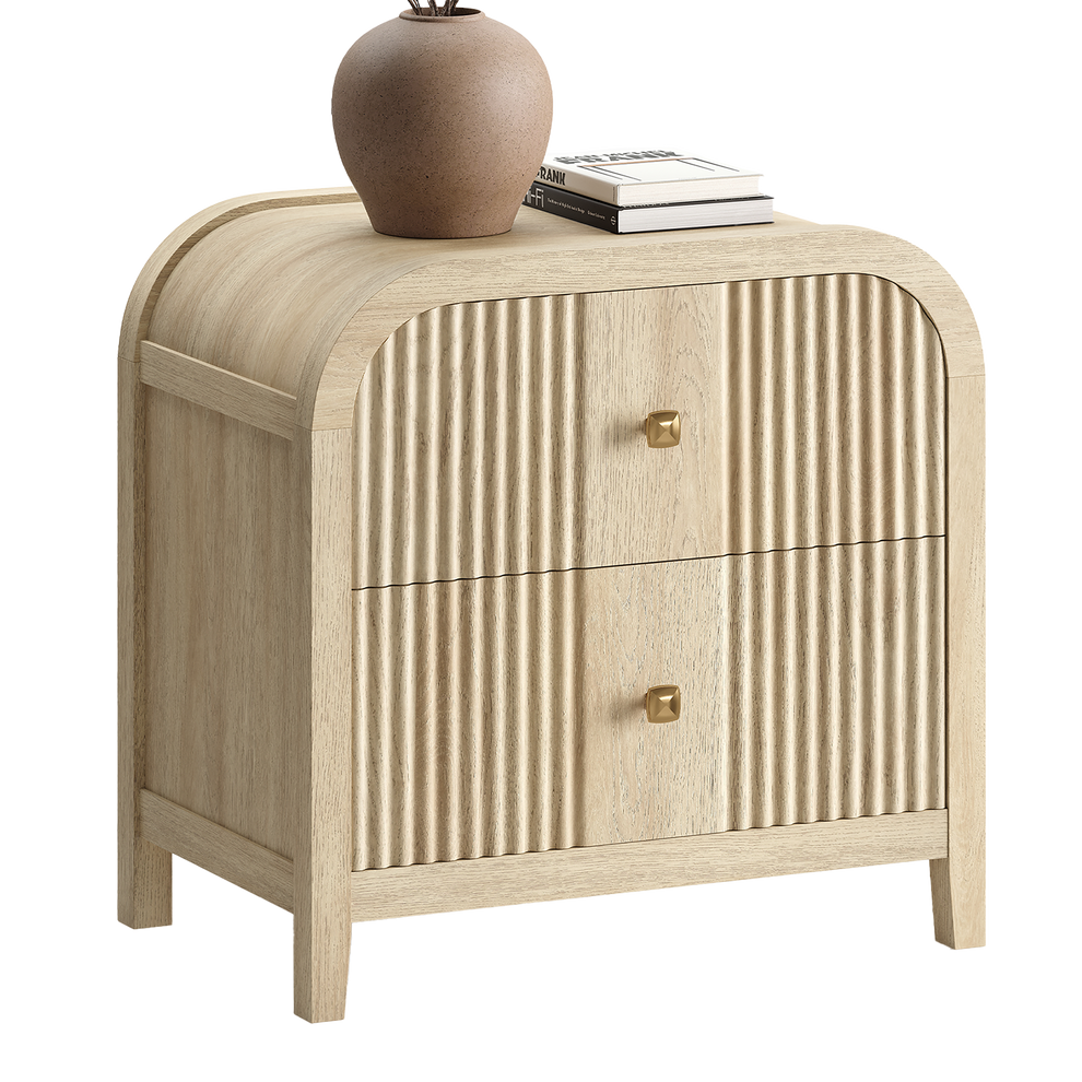 Light wood cabinet has two fluted drawers and square gold-tone knobs
