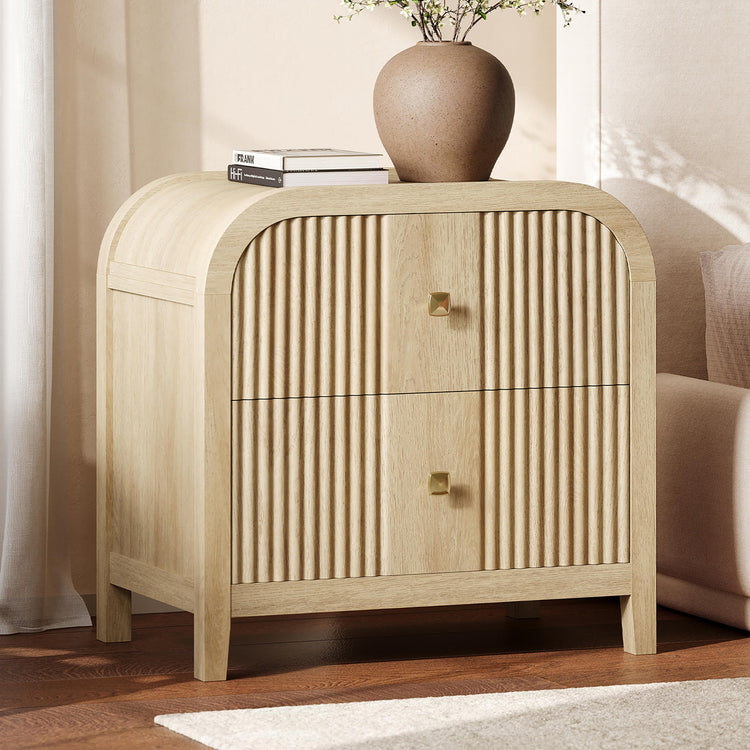 [Pre-Sale] 23.9" Natural Wood 2-Drawer Nightstand with Fluted Front