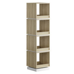 Four open-front wood-grain compartments are stacked with white spacer bands